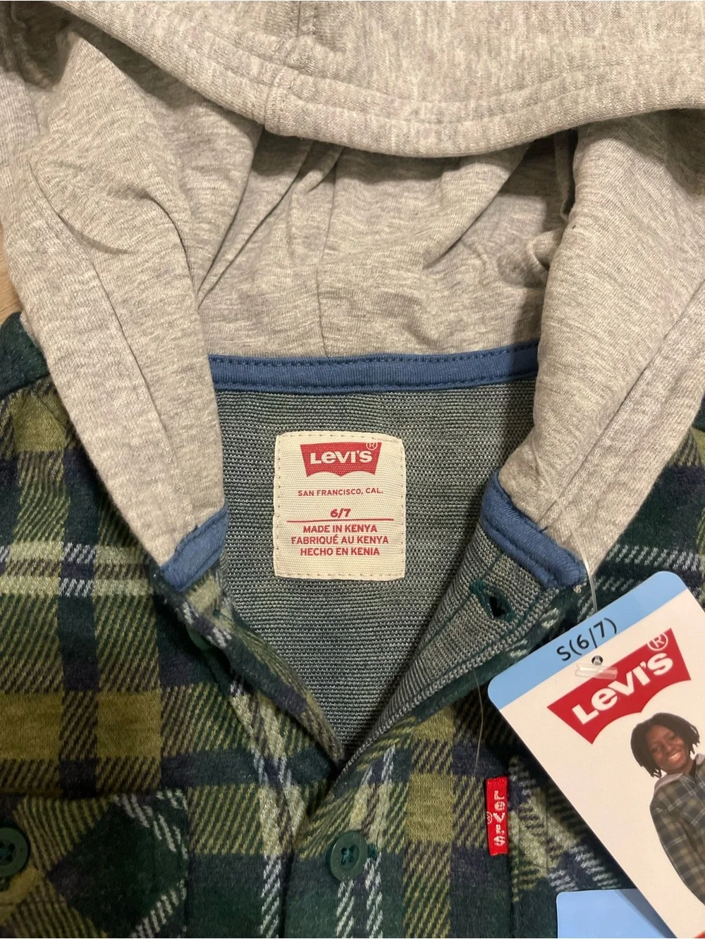 NWT Levi’s Boys Hooded Flannel Shirt Jacket - Green/Gold Plaid - Size S (6/7)